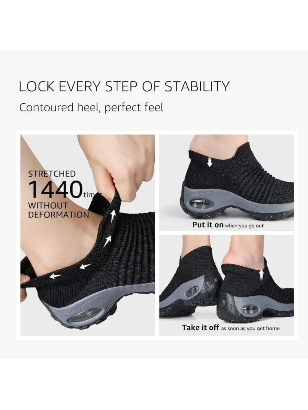 Women's Black Walking Arch Support Non Slip Breathable Knit Upper Sneaker Shoes